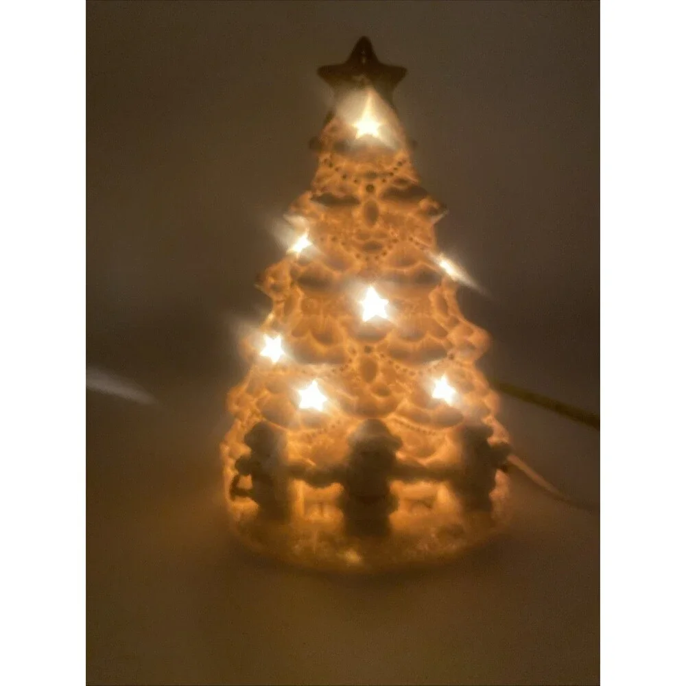 Ivory Gold Christmas Tree Lamp Nightlight Bear Santa Snowman Flocked Snow White